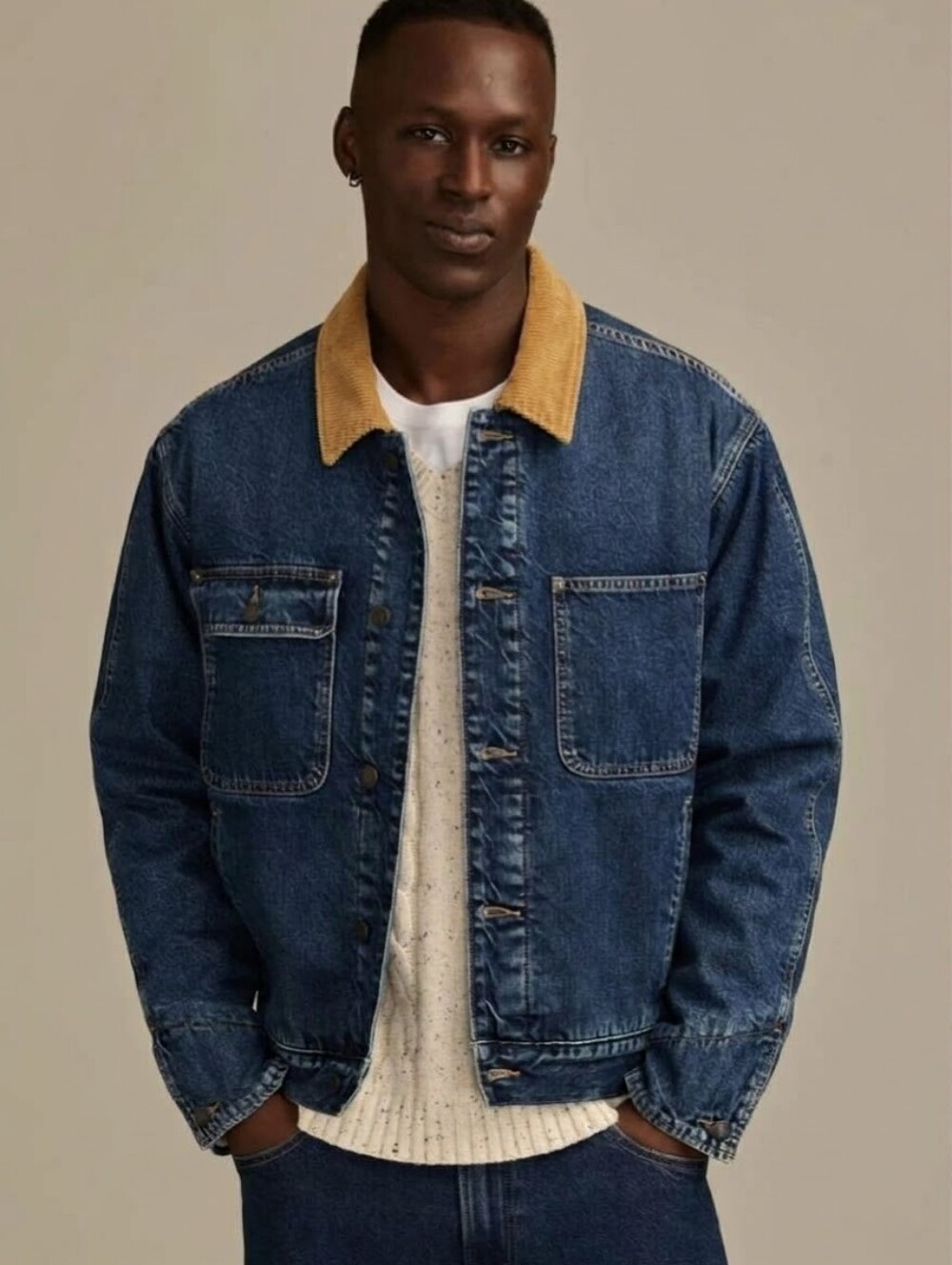 Lucky Brand Denim Winter Chore Jacket  Corduroy Collar Wool Blanket Lined Sz XL